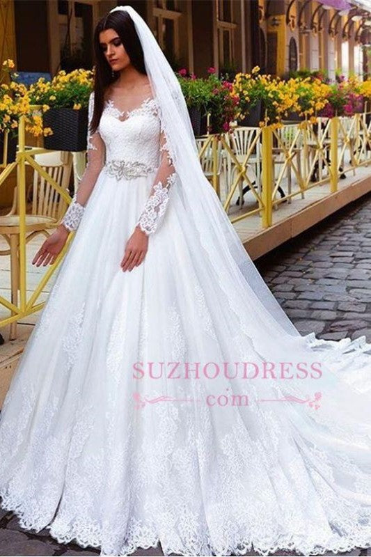 Elegant Princess Crystal Lace Long-Sleeve Wedding Dresses