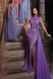 Elegant Purple Long Mermaid Sequined Evening Dress With Split High Neck