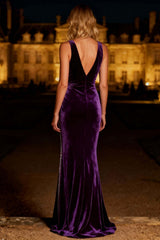 Suzhoufashion Elegant Purple Mermaid V-Neck Backless Long Velvet Holiday Party Dress With Beading