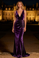Suzhoufashion Elegant Purple Mermaid V-Neck Backless Long Velvet Holiday Party Dress With Beading