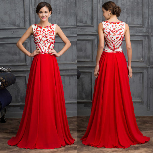 Elegant Red A-Line Chiffon Evening Dress with Beading Crystal Wedding Guest Dresses