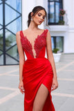 Elegant Red Long V-Neck Front Split Prom Dresses With Glitter
