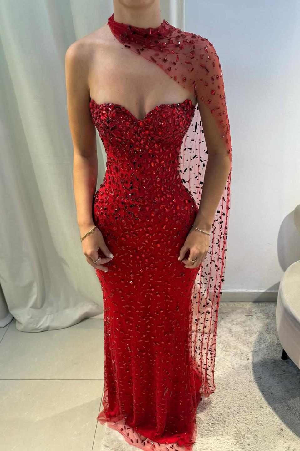 Elegant Red Sweetheart Beaded Fitted Mermaid Prom Dress With Scarf Formal Evening Gown