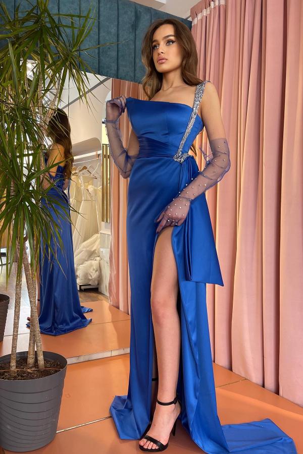 Elegant Royal Blue One Shoulder Long Prom Dresses With Glitter