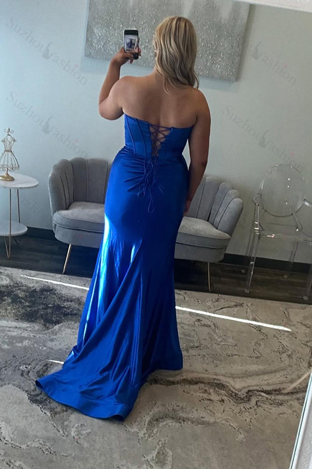 Suzhoufashion Elegant Royal Blue Prom Dress Satin Corset Formal Dress With Slit Suzhoufashion Elegant Royal Blue Prom Dress Satin Corset Formal Dress With Slit