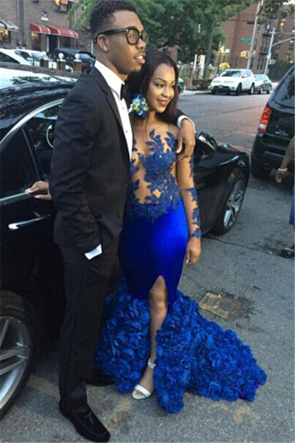Elegant Royal Blue Sexy Prom Dresses Illusion Evening Dress with Flowers