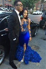Elegant Royal Blue Sexy Prom Dresses Illusion Evening Dress with Flowers