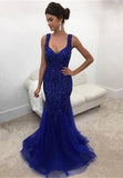 Elegant Royal-Blue Straps Mermaid Sleeveless Long Crystals Prom Dress