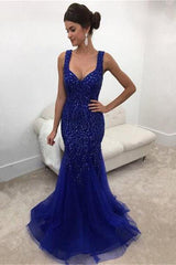 Elegant Royal-Blue Straps Mermaid Sleeveless Long Crystals Prom Dress