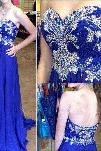Elegant Royal Blue Sweetheart Long Prom Dress Crystal Beading Formal Occasion Dress
