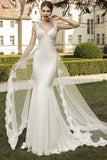 Elegant Satin Appliques Bridal Dress Mermaid Sweep Train Wedding Dress with Lace Sheer Train