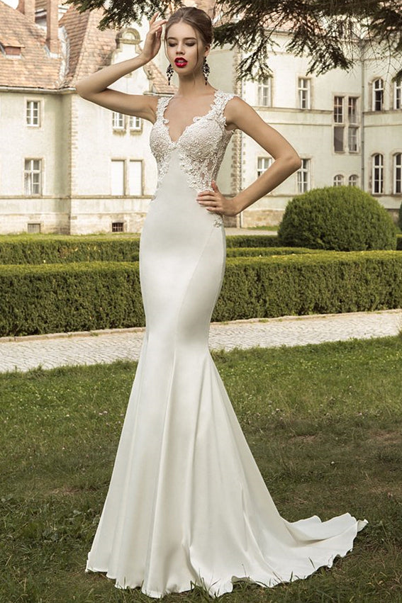 Elegant Satin Appliques Bridal Dress Mermaid Sweep Train Wedding Dress with Lace Sheer Train