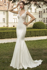 Elegant Satin Appliques Bridal Dress Mermaid Sweep Train Wedding Dress with Lace Sheer Train
