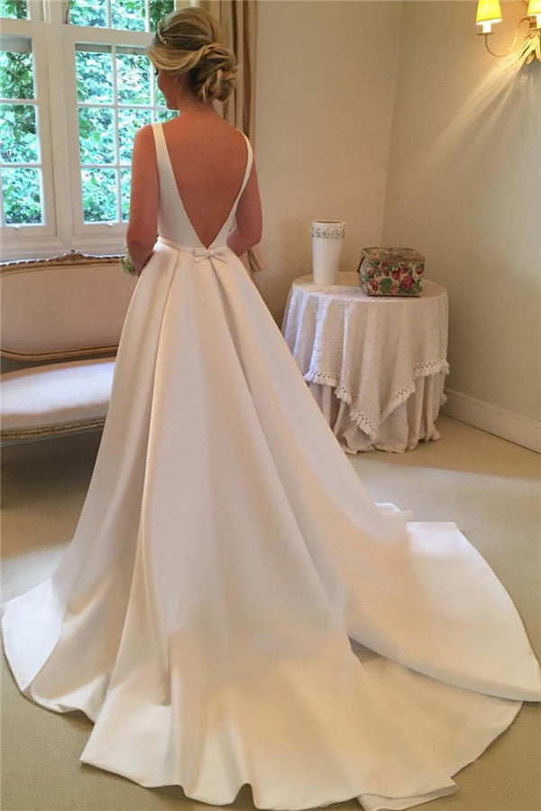Elegant Satin Beach Wedding Dresses | Open Back Sleeveless Royal Beach Wedding Dress