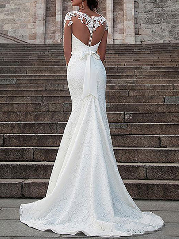 Elegant Satin Long Sleeves Ivory Lace Appliques Mermaid Beach Wedding Dresses