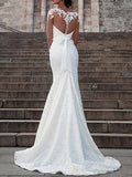 Elegant Satin Long Sleeves Ivory Lace Appliques Mermaid Wedding Dresses