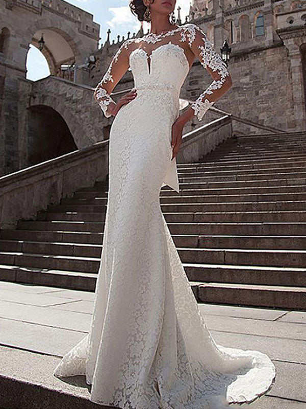 Elegant Satin Long Sleeves Ivory Lace Appliques Mermaid Wedding Dresses