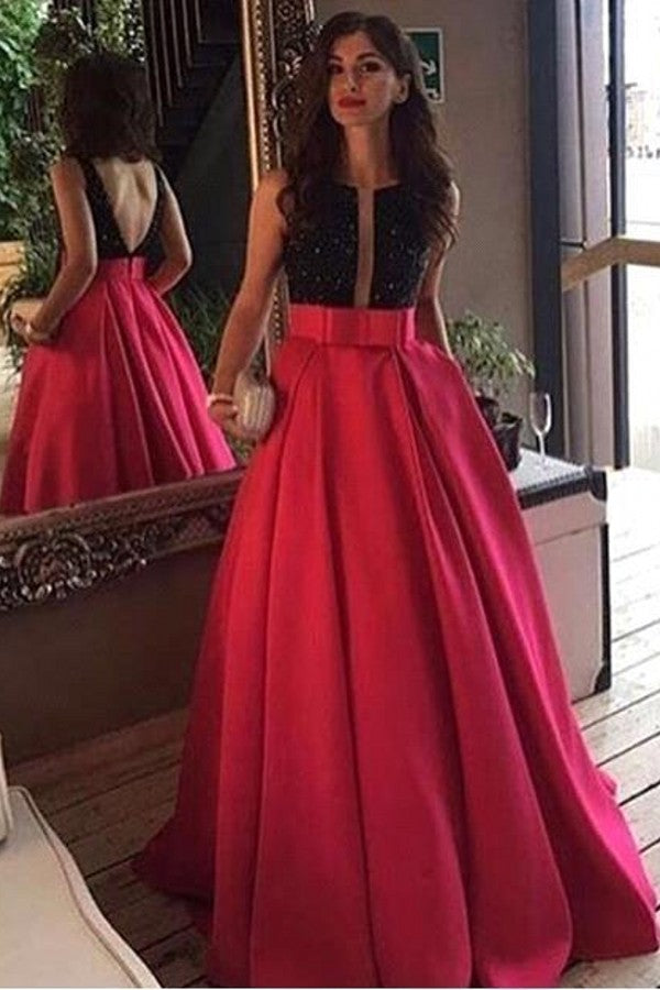 Elegant Scoop Neckline Sleeveless Black-red Prom Dress Evening Party Gowns
