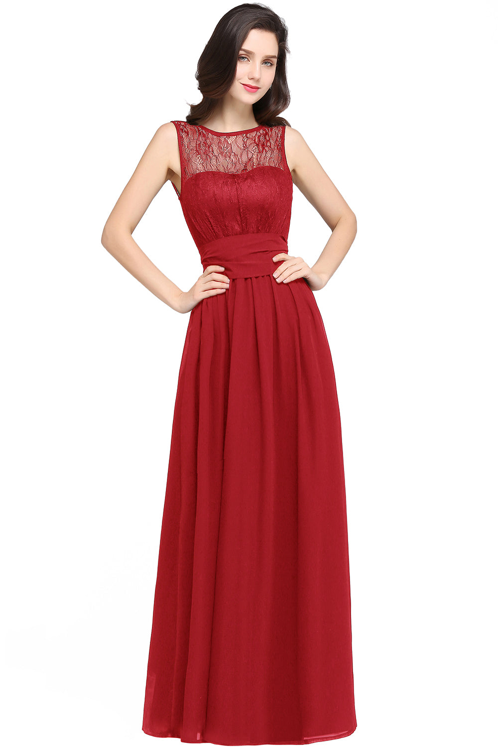 Elegant Scoop Sleeveless Chiffon Pary Dress Long With Lace