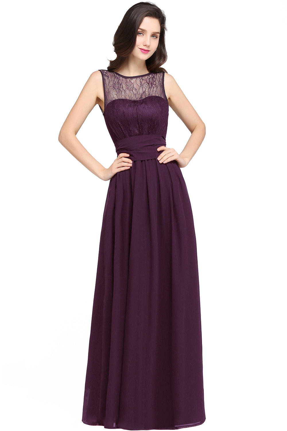 Elegant Scoop Sleeveless Chiffon Pary Dress Long With Lace