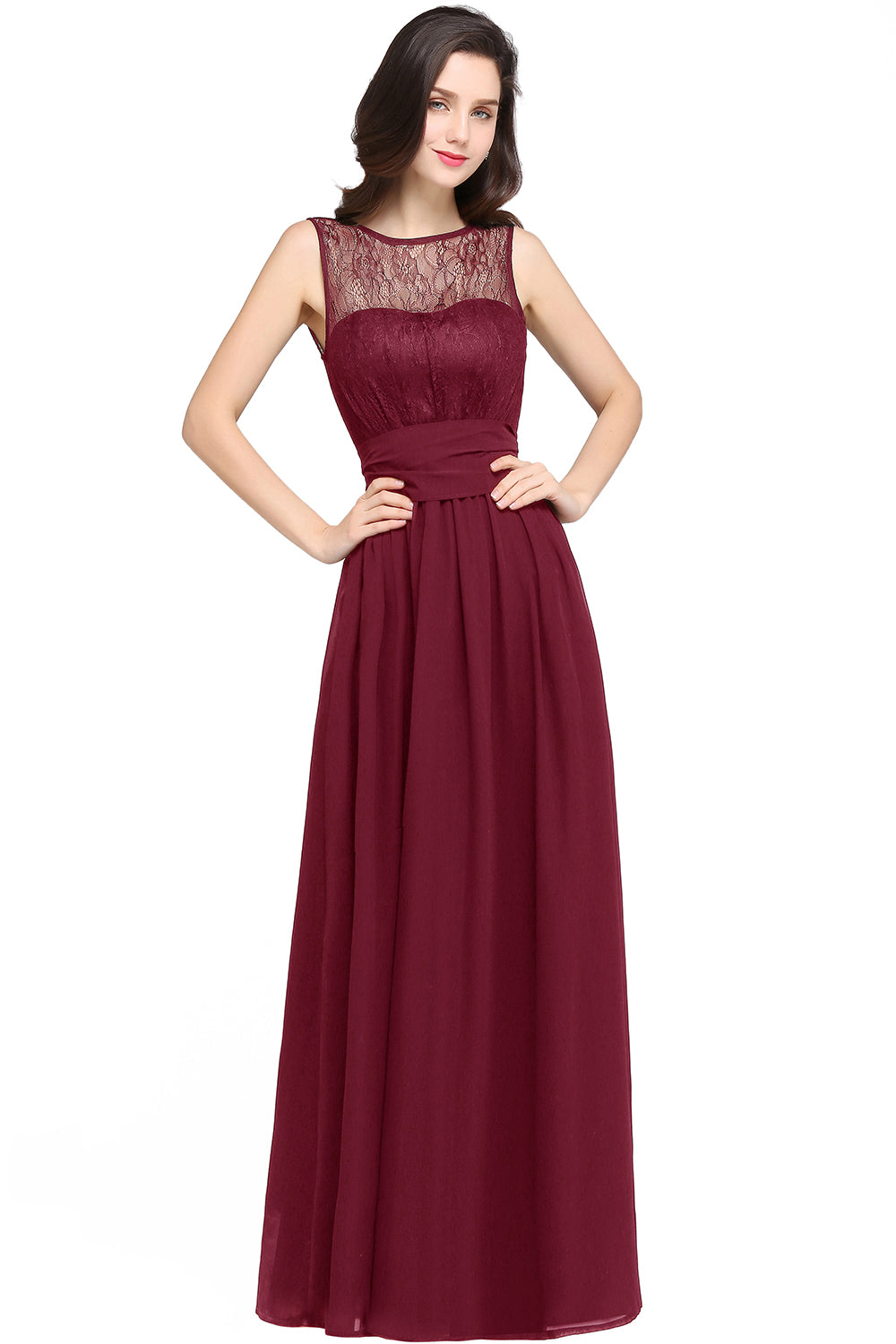Elegant Scoop Sleeveless Chiffon Pary Dress Long With Lace