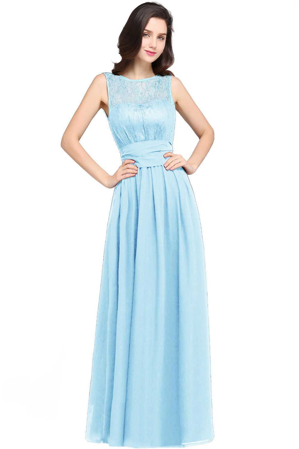 Elegant Scoop Sleeveless Chiffon Pary Dress Long With Lace