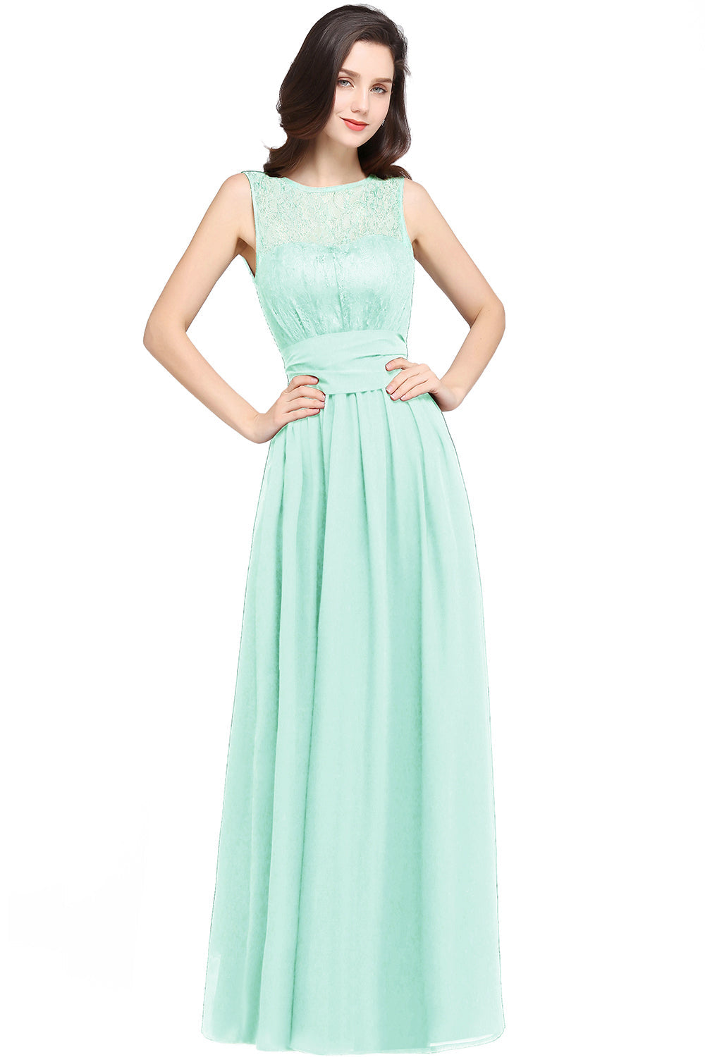 Elegant Scoop Sleeveless Chiffon Pary Dress Long With Lace