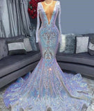 Elegant Sequins V-neck Long Sleeve pattern Floor-length Mermaid Prom Dresses