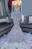 Elegant Sequins V-neck Long Sleeve pattern Floor-length Mermaid Prom Dresses
