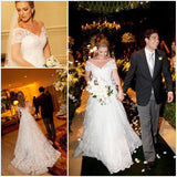 Elegant Short Sleeve White Lace Wedding Dress A-Line Sweep Train Formal Bridal Gown