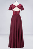 Elegant Short-Sleeves Long Bridesmaid Dress Chiffon Lace Round-Neck Evening Dress