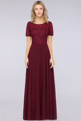 Elegant Short-Sleeves Long Bridesmaid Dress Chiffon Lace Round-Neck Evening Dress