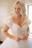 Elegant Short Sleeves White Long Wedding Dress With Lace Appliques
