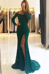 Elegant Side-Slit Lace Off-the-Shoulder Long-Sleeves Green Prom Dresses