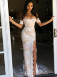 Elegant Side-Slit Mermaid Short-Sleeves Lace-Appliques Off-The-Shoulder Prom Dresses