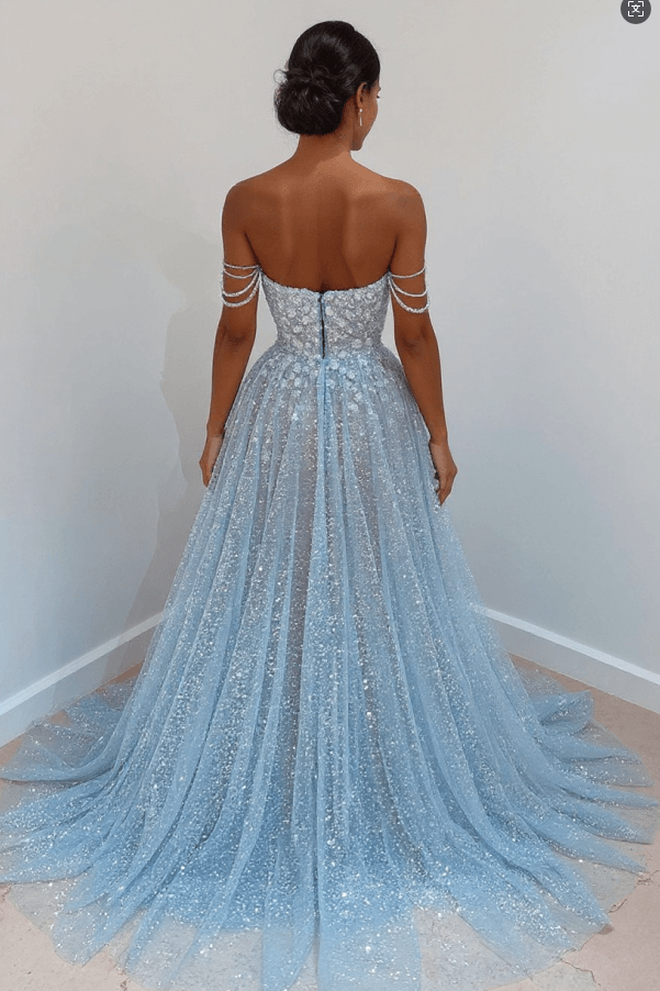 Elegant Sleeveless Blue Lace Prom Dress Long