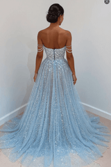 Elegant Sleeveless Blue Lace Prom Dress Long