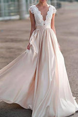 Elegant Sleeveless Deep V Neck Ruffles Beach Wedding Dresses With Lace