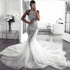 Elegant Sleeveless Halter Beach Wedding Dresses | Sexy Mermaid Tulle Beach Bridal Dresses