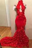 Elegant Sleeveless Red Flower Evening Dresses | Sexy Mermaid Halter Prom Dress Bc1038