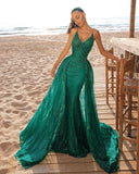 Elegant Sleeveless Satin Jade Green Mermaid Prom Dresses With Beading Appliques