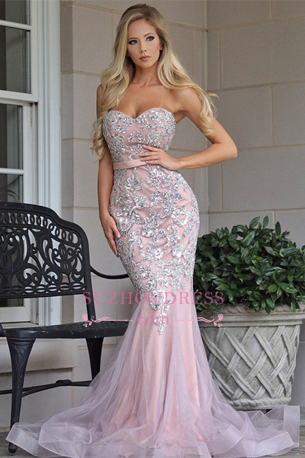 Elegant Sleeveless Sweetheart Bow Prom Dresses | Tulle Appliques Mermaid Evening Dresses