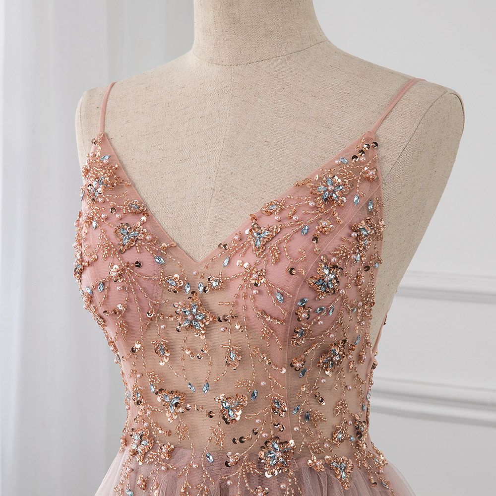 Elegant Spaghetti Straps Blushing Pink Prom Dress Crystal