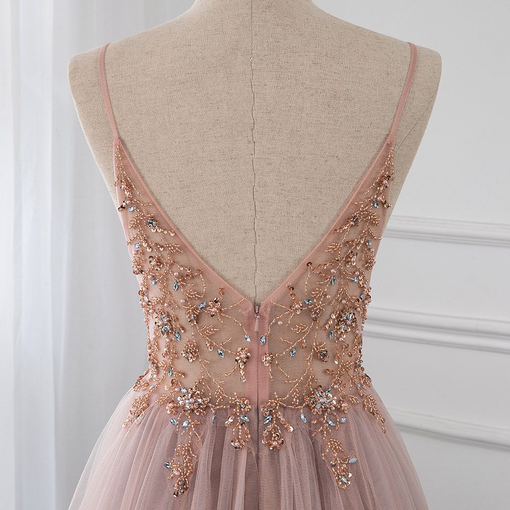 Elegant Spaghetti Straps Blushing Pink Prom Dress Crystal
