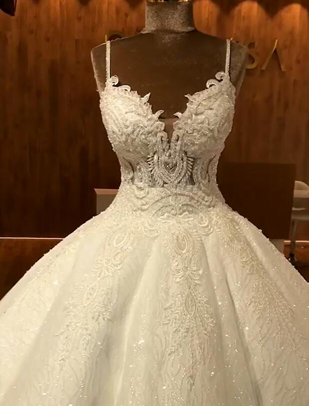 Elegant Spaghetti Straps Lace Wedding Dresses | Sequins Sleeveless Bridal Ball Gown