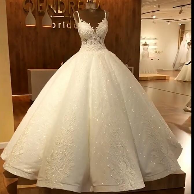 Elegant Spaghetti Straps Lace Wedding Dresses | Sequins Sleeveless Bridal Ball Gown