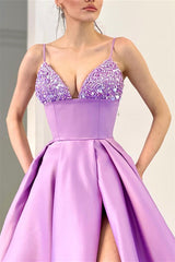 Elegant Spaghetti-Straps Split Sequins Evening Dresses