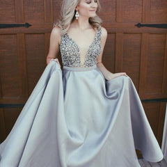 Elegant Sparkly Beads Top A-line Evening Dress Open Back Stretch Satin Prom Gown
