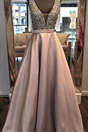 Elegant Sparkly Beads Top A-line Evening Dress Open Back Stretch Satin Prom Gown