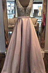Elegant Sparkly Beads Top A-line Evening Dress Open Back Stretch Satin Prom Gown